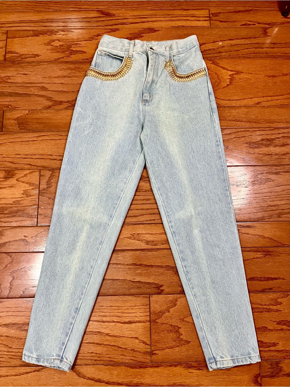 Cache High Rise Straight Leg Jeans Size 8 Light Wash Gold Embellished
